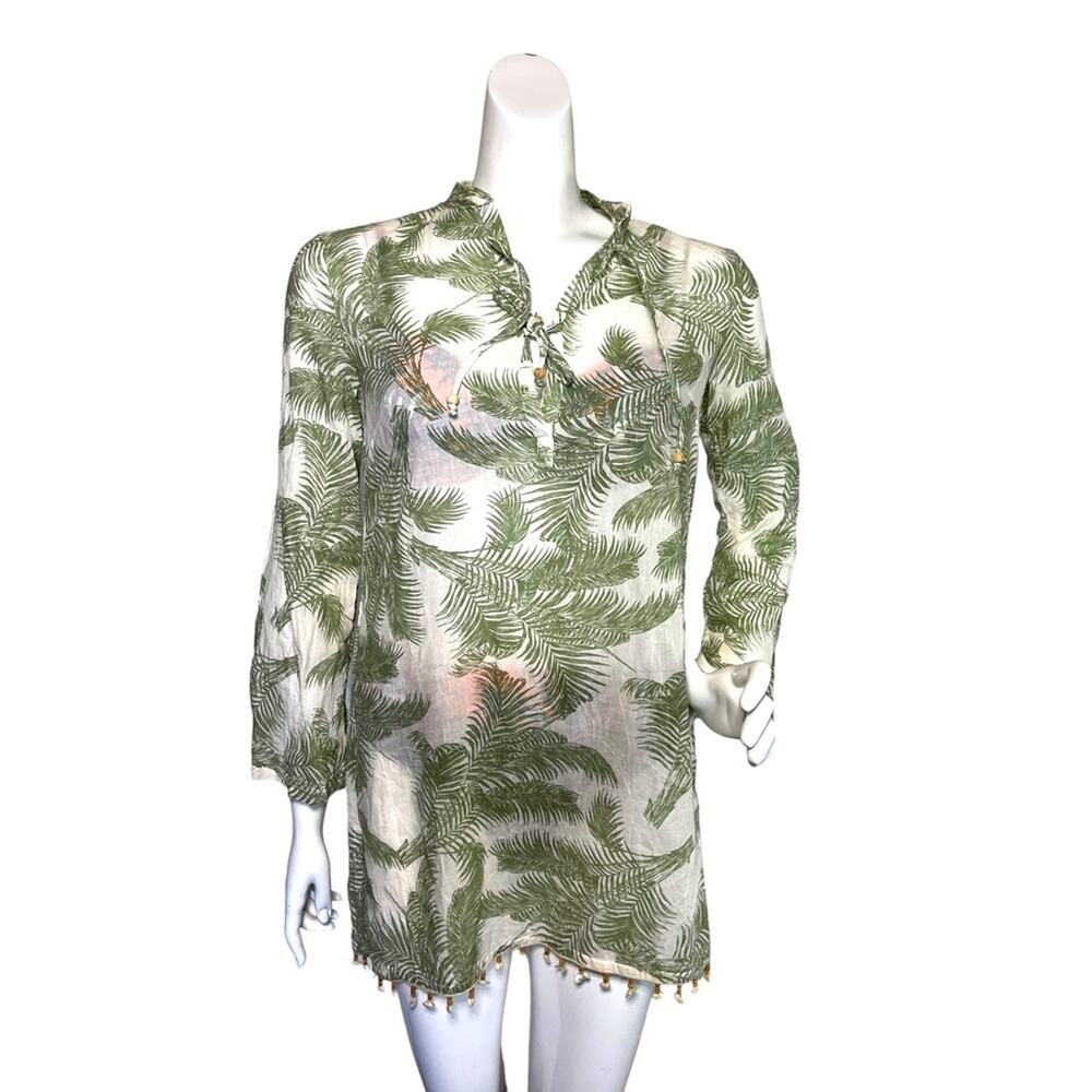 BEACH STAR EUC Green White 100% Cotton Swim Cover up beaded hemline Size Small